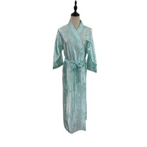 Vtg 70s Elissia Satin Floral Long Robe Aqua Sz M Kimono Style Quilted Edge Glam